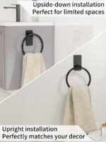 Black Adhesive Towel Ring for Bathroom, Stainless Steel No-Drill Hand Towel Holder - Image 5
